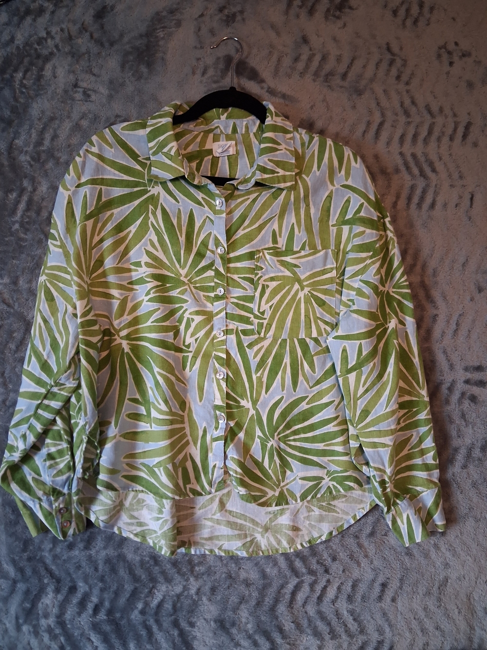 Sigrid Olsen Linen Top Women's Large Green and White Palm Print Button-Up Shirt